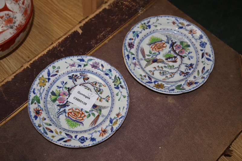 Three small early 19th century Davenport Ironstone dessert dishes, four Chinese ginger jars and a Royal Worcester blue and white tea ke